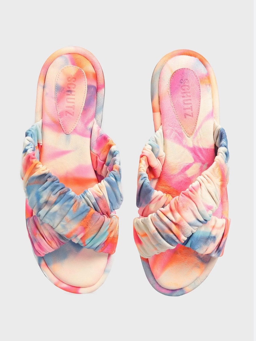 SCHUTZ Leny Pastel Tie-Dye Cross Cross Ruched Slide Sandals